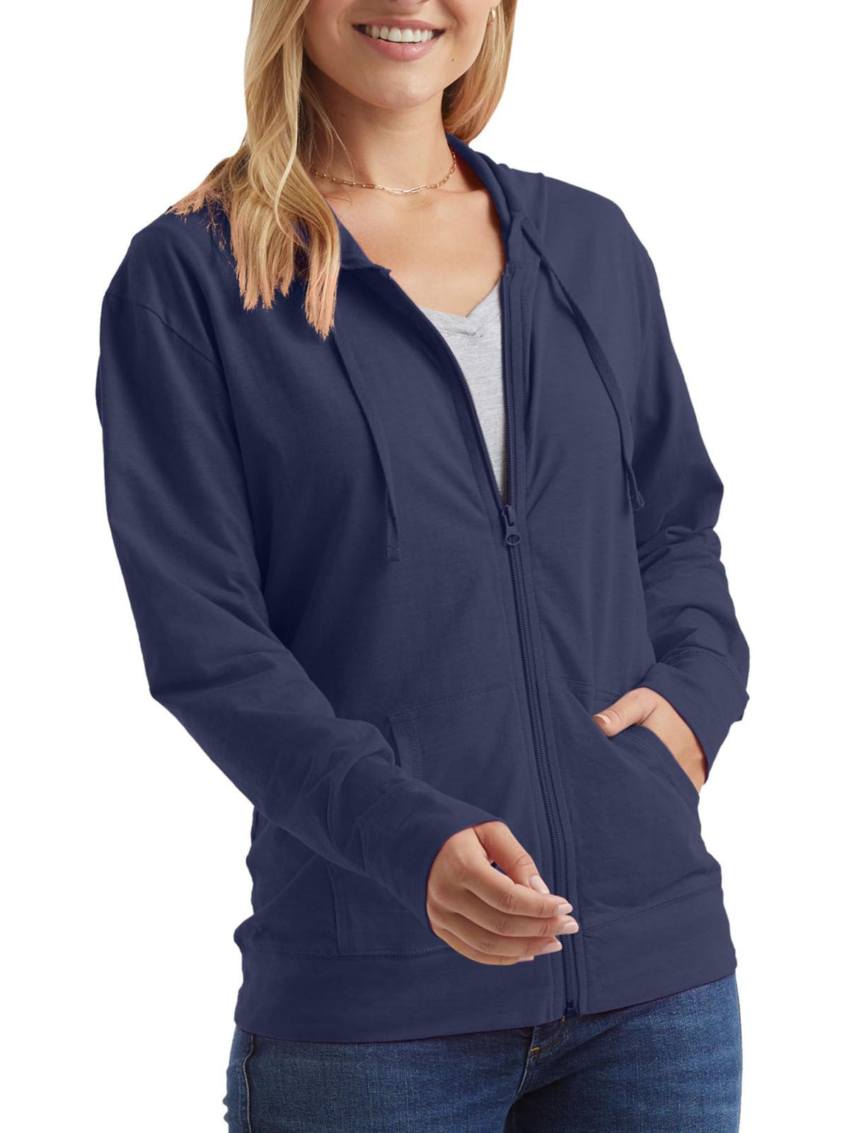 Navy blue plus-size zip-up hoodie sweatshirt with hood, drawstrings, and front pockets
