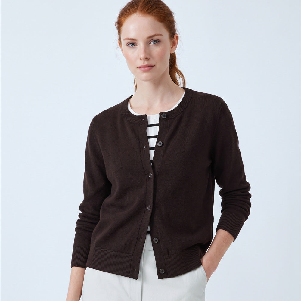 Women’s dark brown button-front cardigan sweater with faux striped tee underlayer