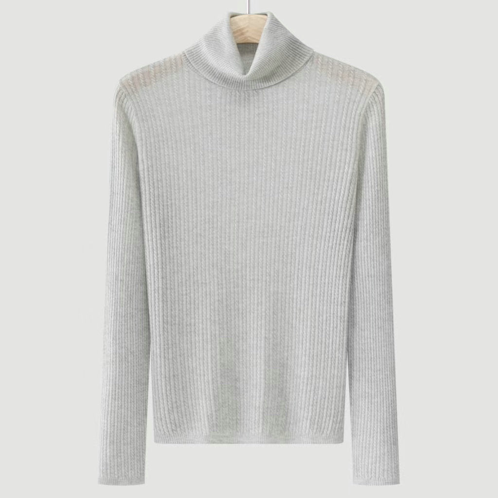Light gray high-neck knit sweater with ribbed hem and long sleeves