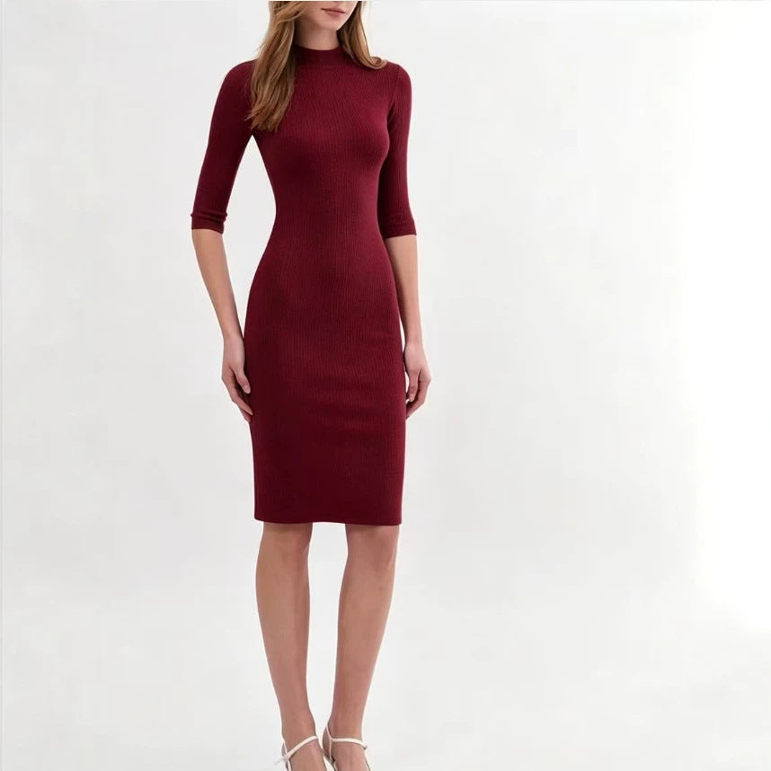 Wine red mock neck bodycon ribbed knit dress with three-quarter sleeves, midi length