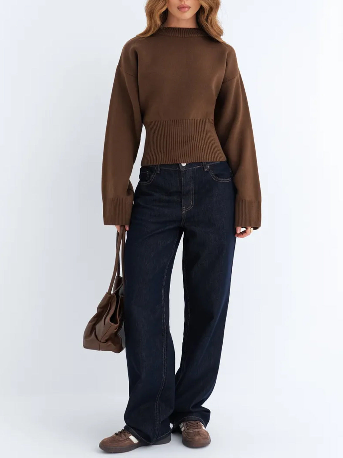 Cropped Mock Neck Sweater for Women — Wide Sleeve Fitted Waist Knit in Soft Wool