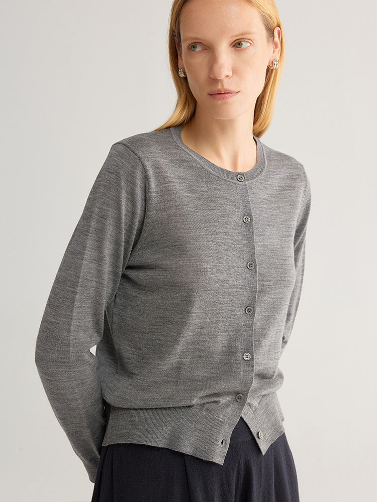 Women’s round-neck wool cardigan, gray, button-front knit with long sleeves