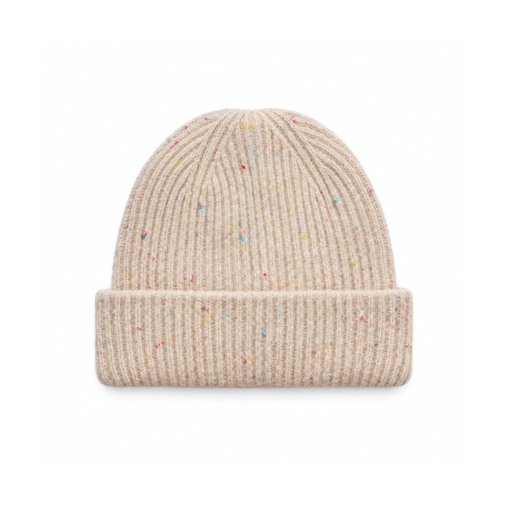 Khaki speckled rib-knit beanie with a wide folded cuff, front view.