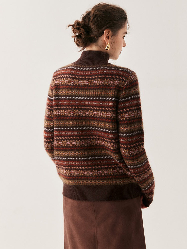 Women's Fair Isle knit sweater, stand collar, back view with striped jacquard knit