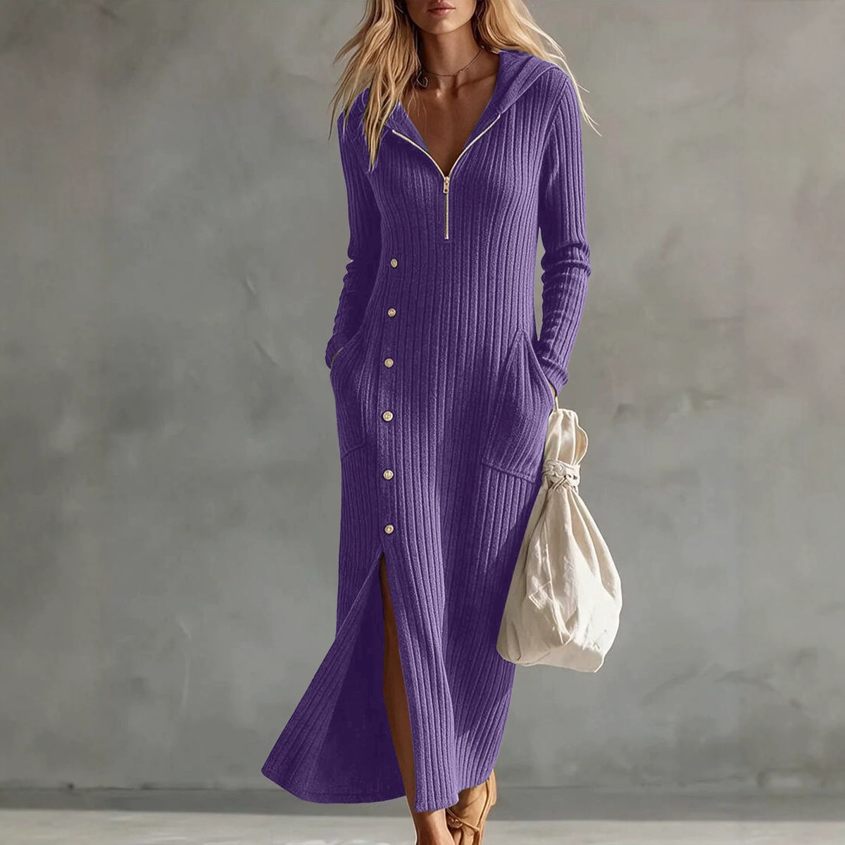 Hooded Knit Maxi Dress — Half Zip Button Front with Side Slit in Ribbed Knit