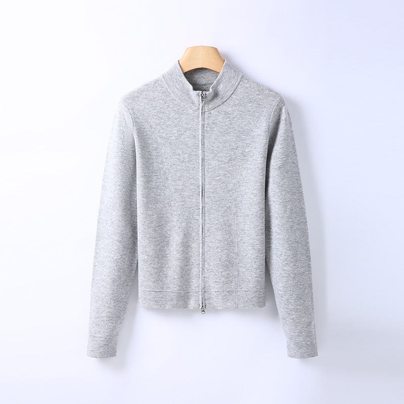Women’s gray knit cardigan with stand-up collar and front zipper