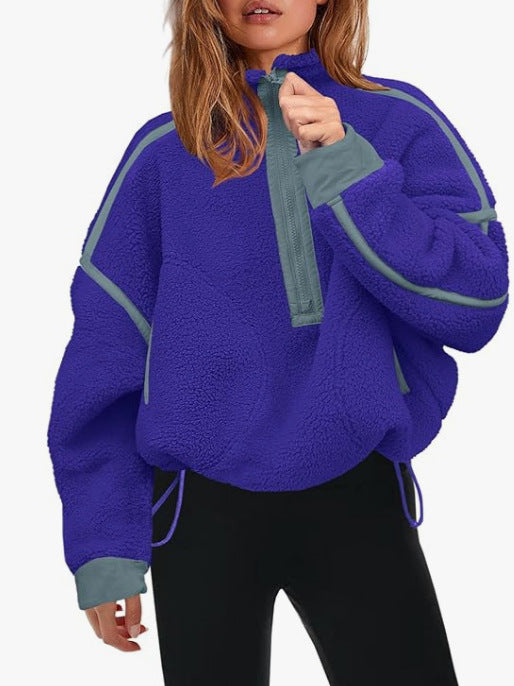 Plush quarter-zip sweatshirt in royal blue with gray trim and pull tab