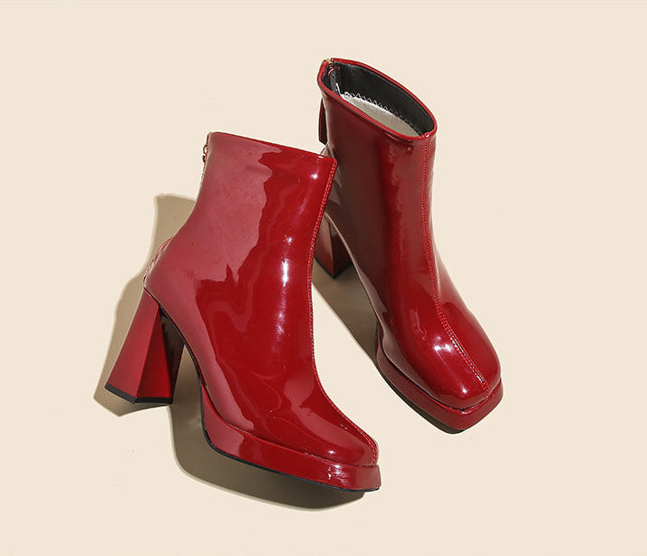 Patent Leather Ankle Boots for Women — Square Toe Platform with a Block Heel