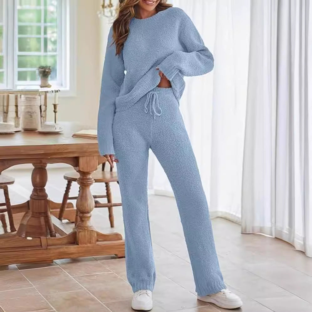 Women's light-blue knit lounge set, long sleeves and drawstring straight pants