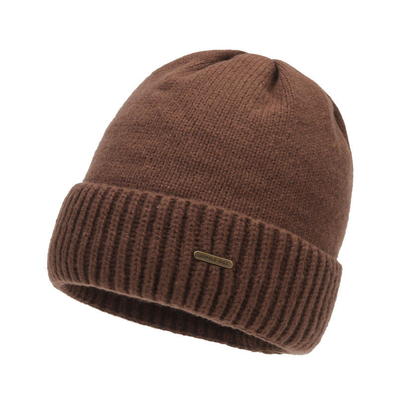 Men's ribbed-knit beanie hat, brown, with small logo patch