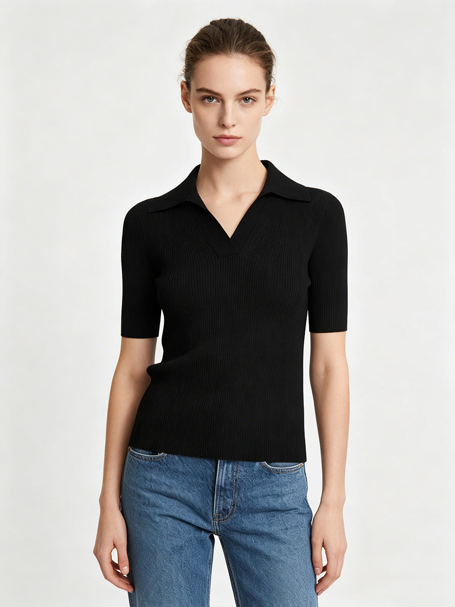 Women's ribbed knit polo top, short sleeves, open collar, black