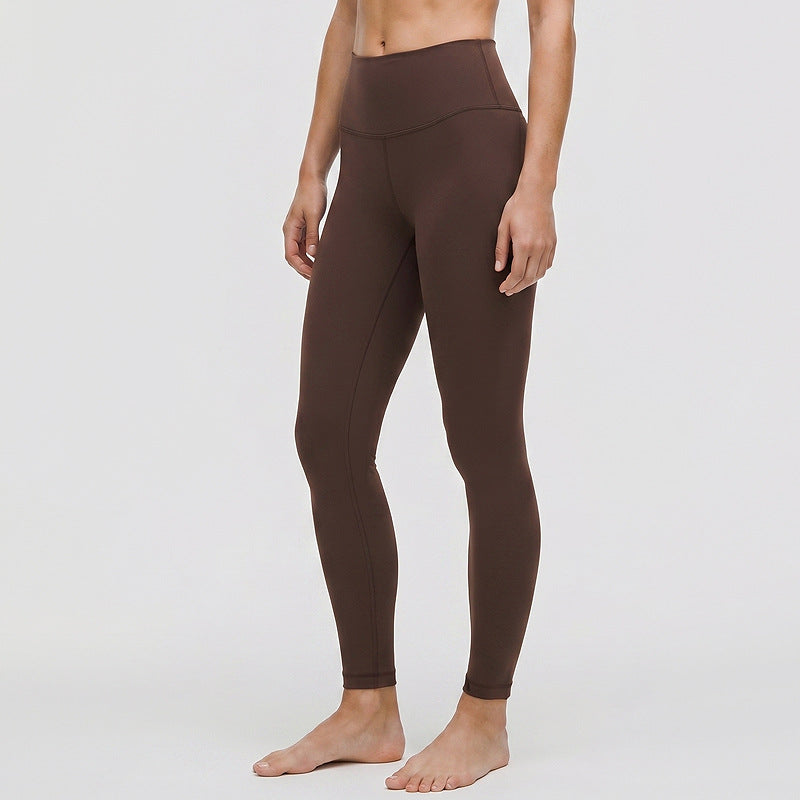Lulu women's high-waisted yoga leggings, fitted ankle-length, brown