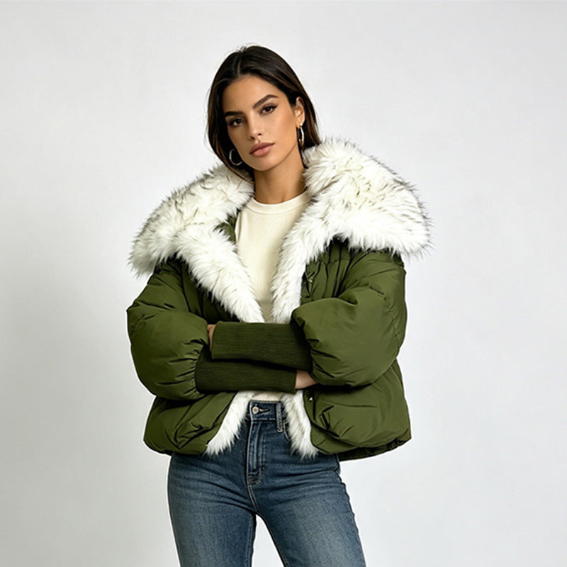 Women’s green puffer jacket with white faux fur trim, button front, long sleeves