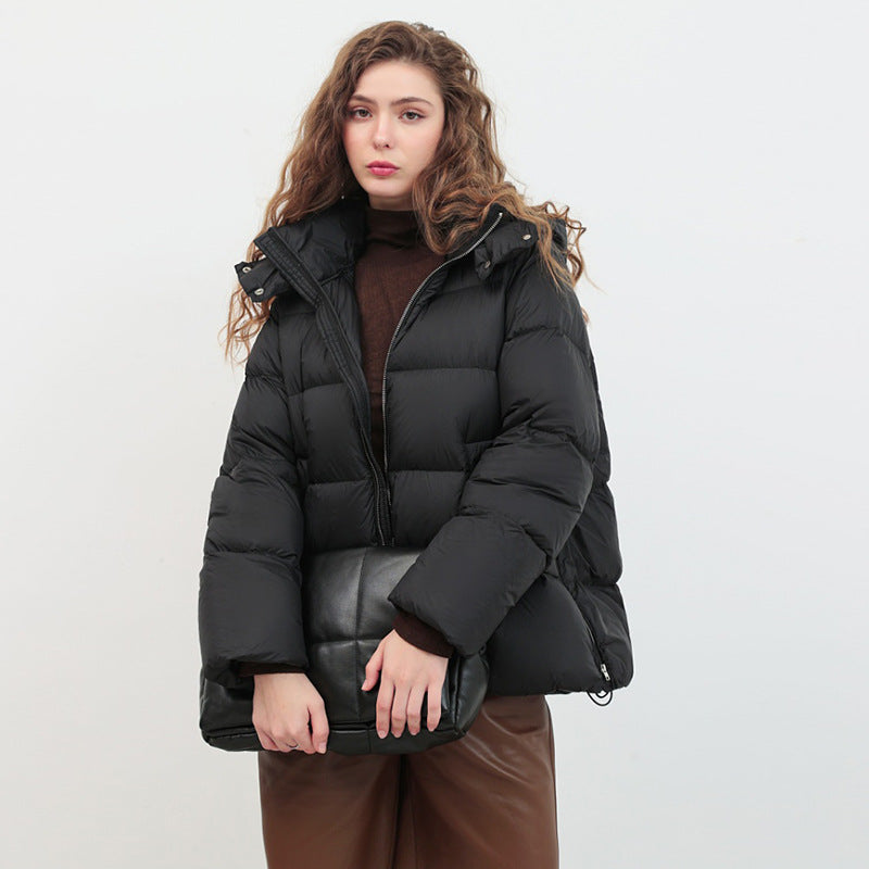 Black hooded short puffer jacket with front zipper and quilted baffles