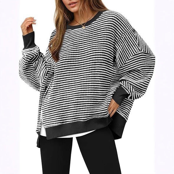 Oversized Waffle Knit Sweatshirt for Women — Striped Drop Shoulder Pullover in Cotton