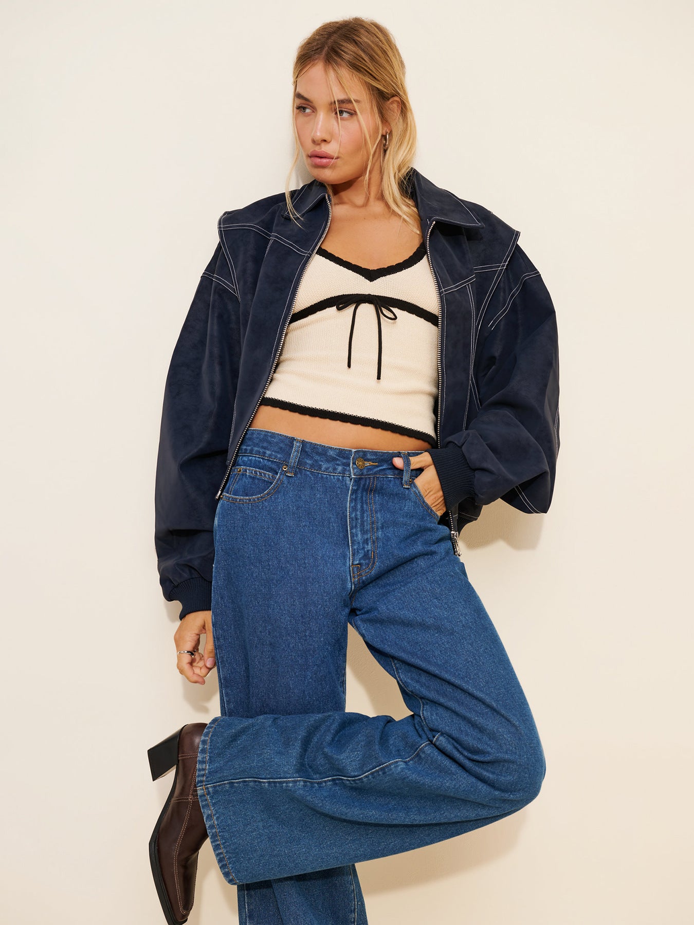 Navy faux suede bomber jacket, oversized cropped fit, contrast topstitching, zip front