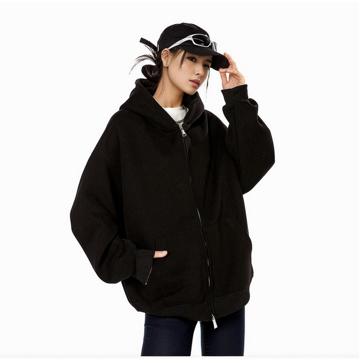 Black zip-up hoodie sweatshirt with front pockets, drawcord hood, and ribbed cuffs.