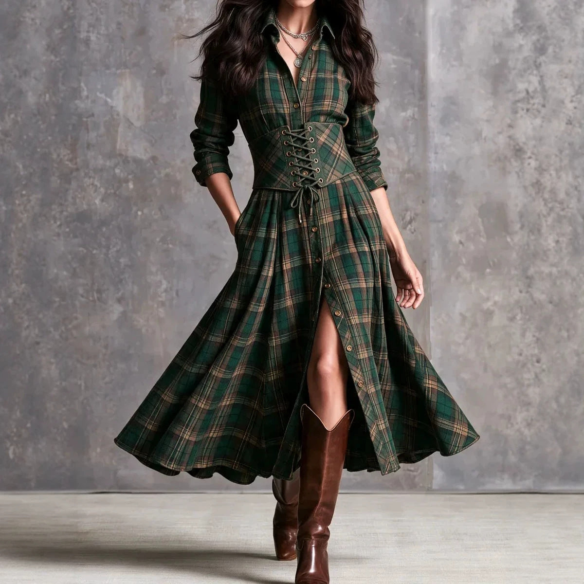 Women’s green plaid long skirt with lace-up detachable waist belt and front buttons