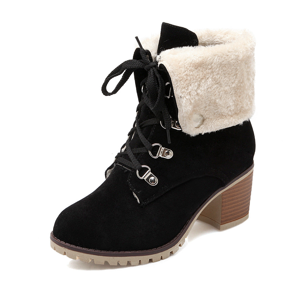 Women’s lace-up short boots with faux-fur cuffs, chunky heel, black suede with lace-up front.