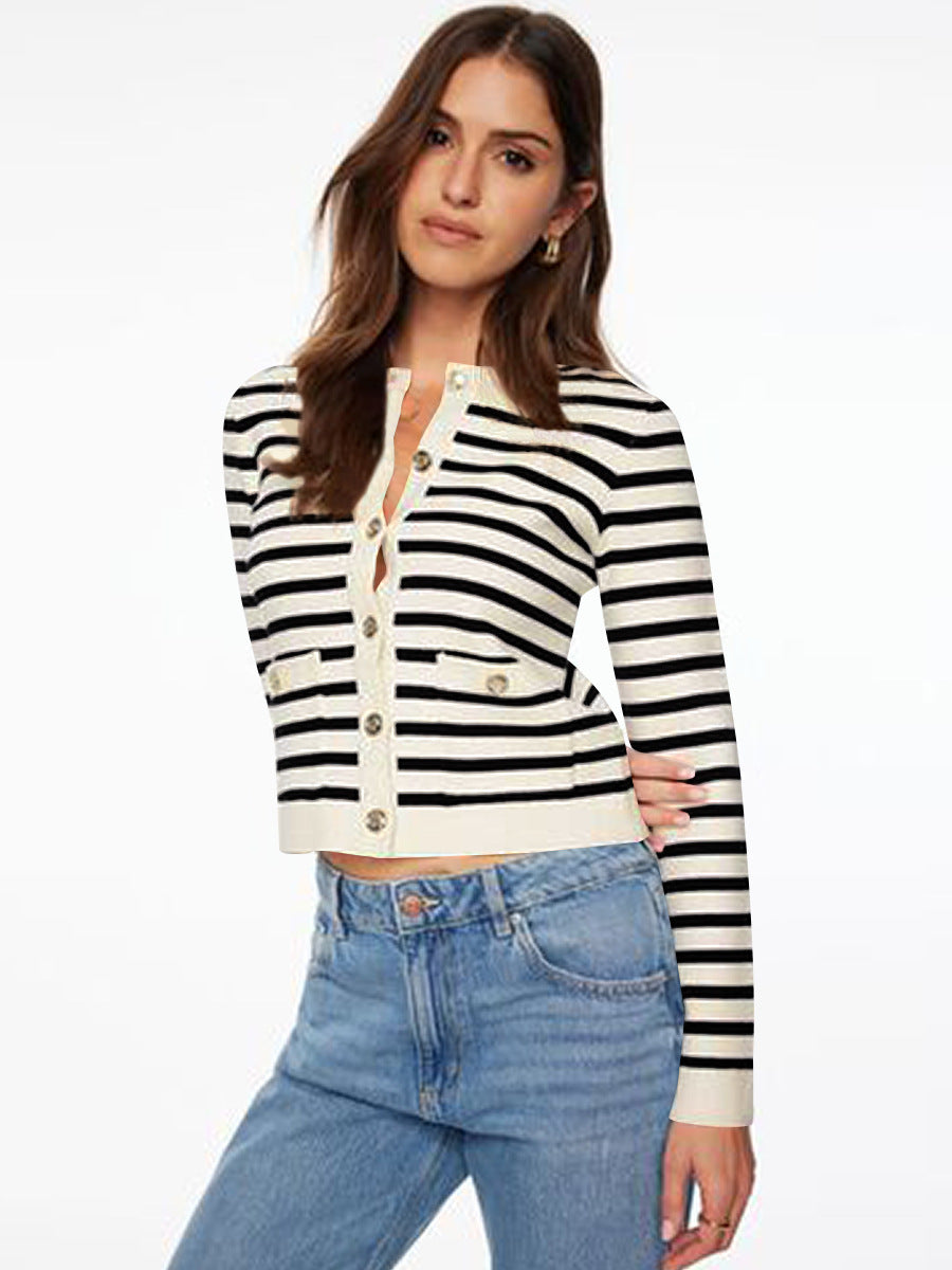 Striped Cardigan for Women — Cropped Gold Button Knit in Soft Merino Wool