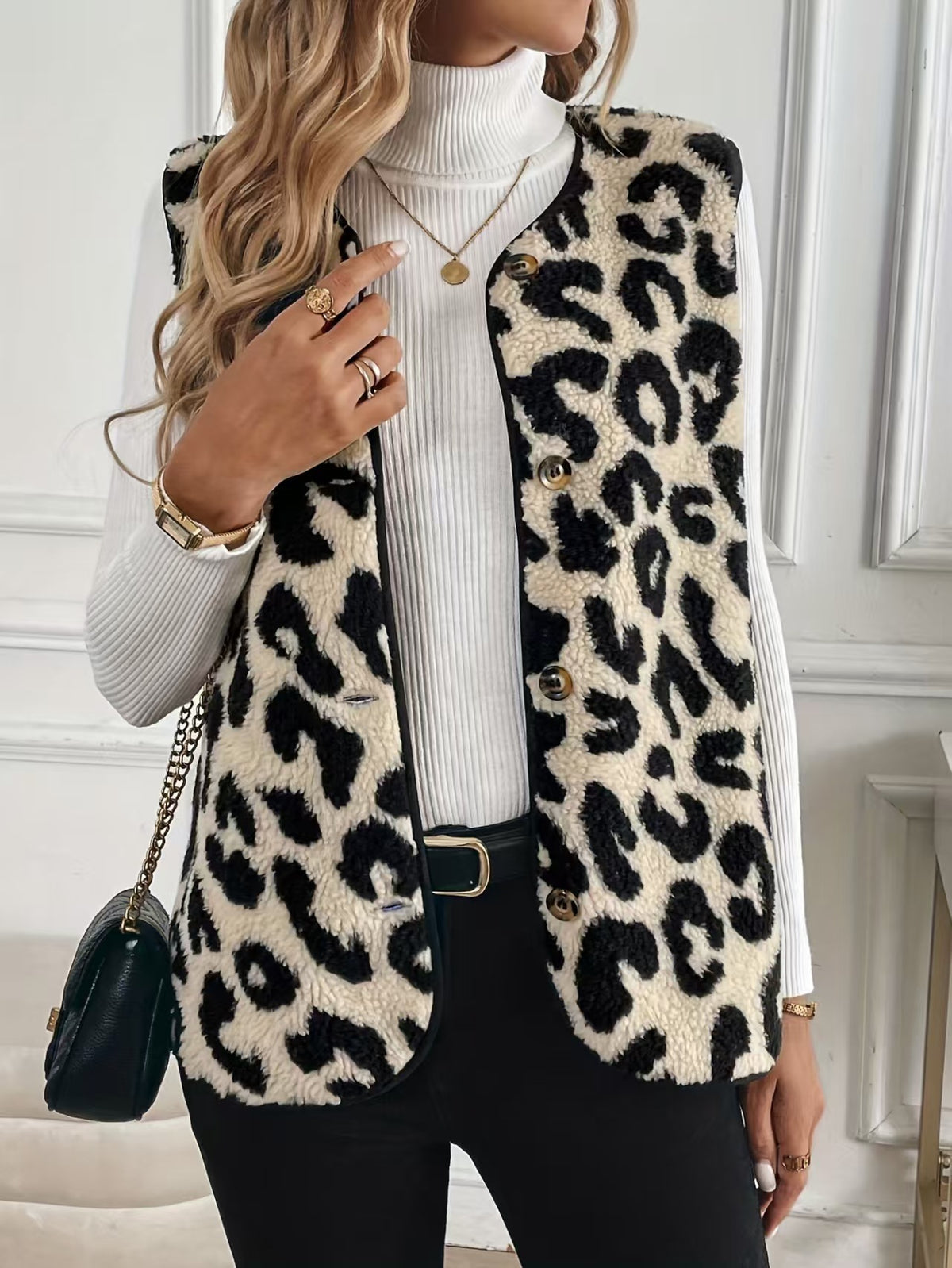 Leopard plush button-front vest with gold-tone button placket