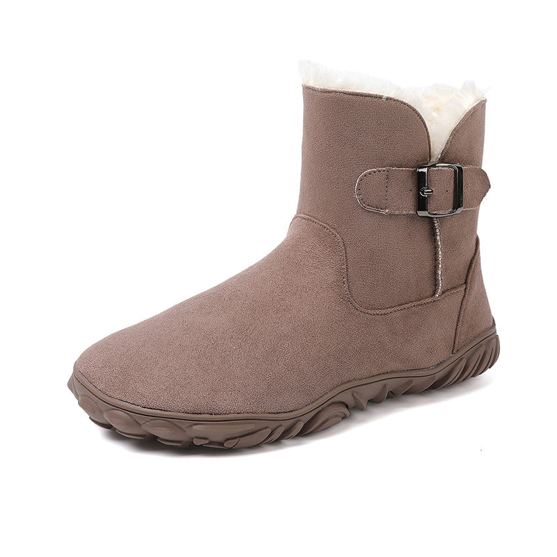 Taupe flat ankle snow boot with faux fur cuff and side buckle strap, rugged outsole