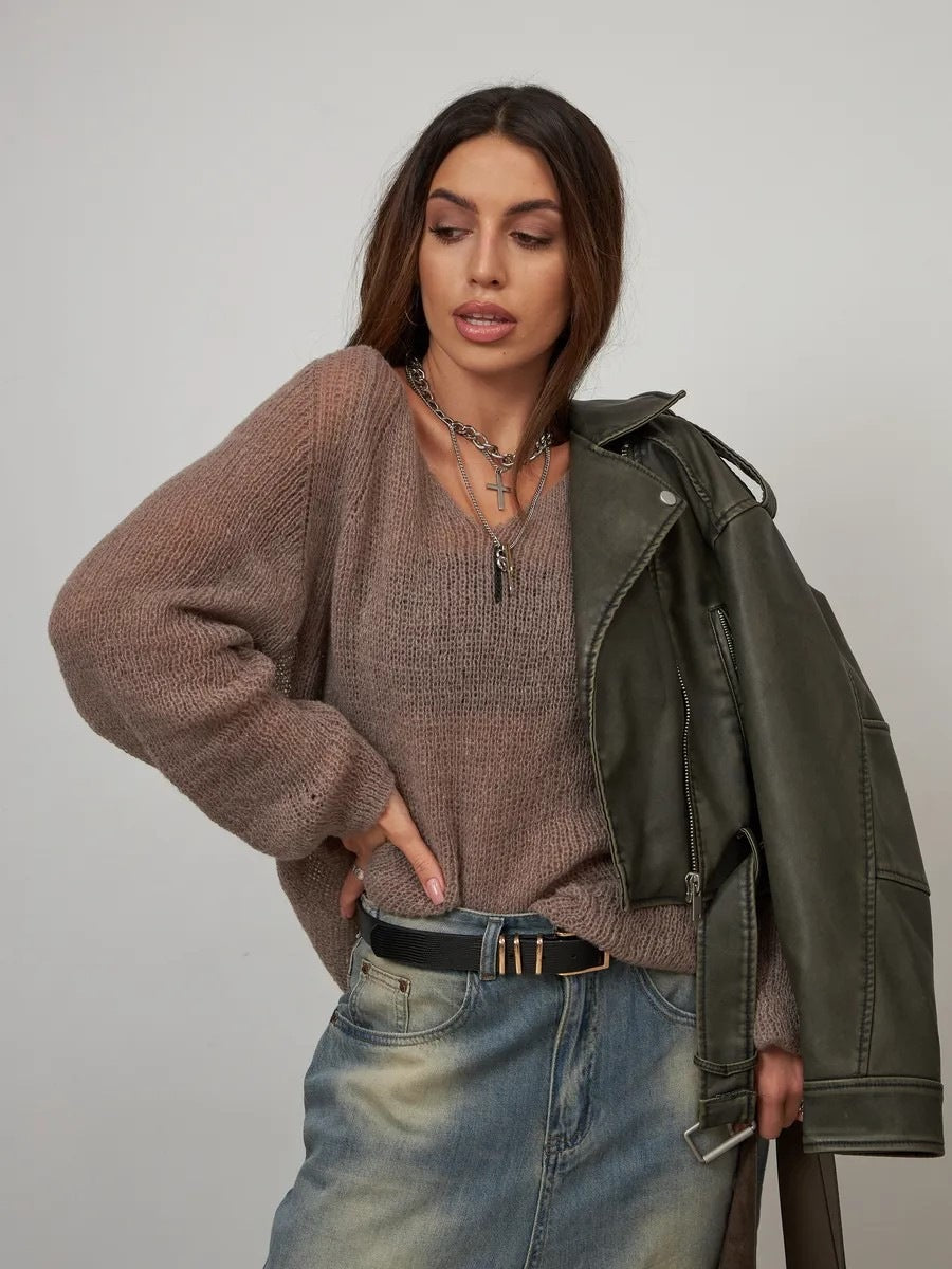 Open Knit Sweater for Women — Sheer Oversized V Neck Pullover in Lightweight Mohair