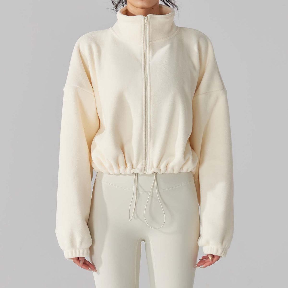Cropped Fleece Jacket for Women — Zip Up Stand Collar with Drawstring Hem