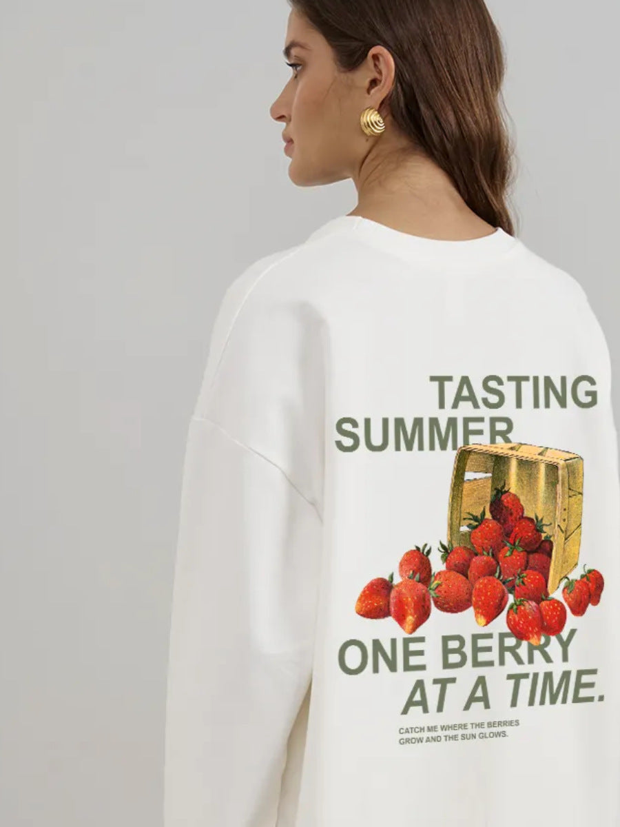 White long-sleeve cotton T-shirt, back view with large strawberry and berry panel print