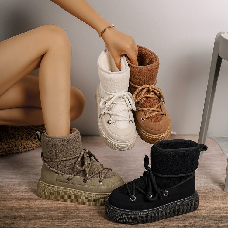 Thick-sole fleece-lined snow boots set in black, olive, white, and brown