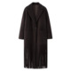 Dark brown longline fringe coat with lapel collar and tassel trim