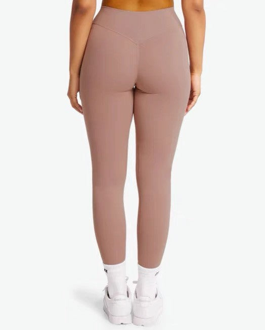 Women's brown high-waist tummy control running leggings, full-length skinny fit