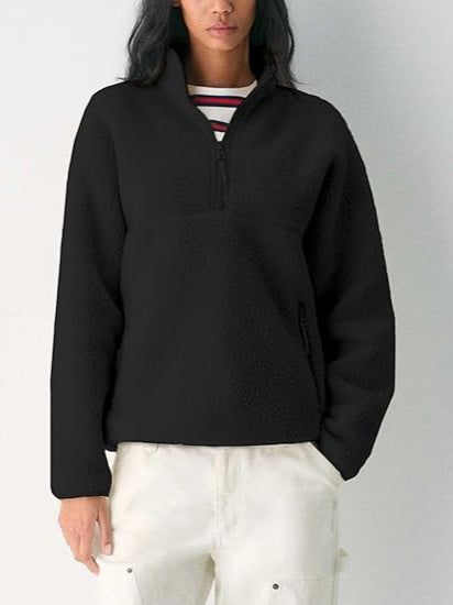 Women's fleece quarter-zip pullover, black, long sleeves, half-zip front