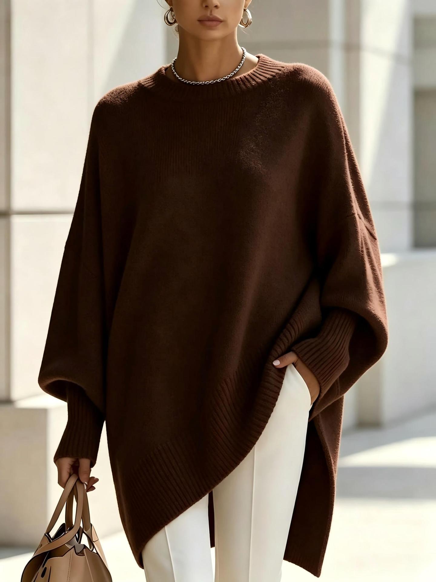 Oversized Sweater for Women — Batwing Sleeve Knit Pullover with Asymmetric Hem in Merino Wool
