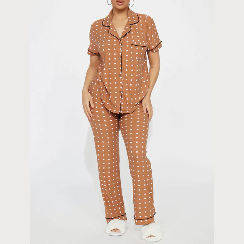 Tan-brown printed women's front-open lapel pajama set with short sleeves and trousers