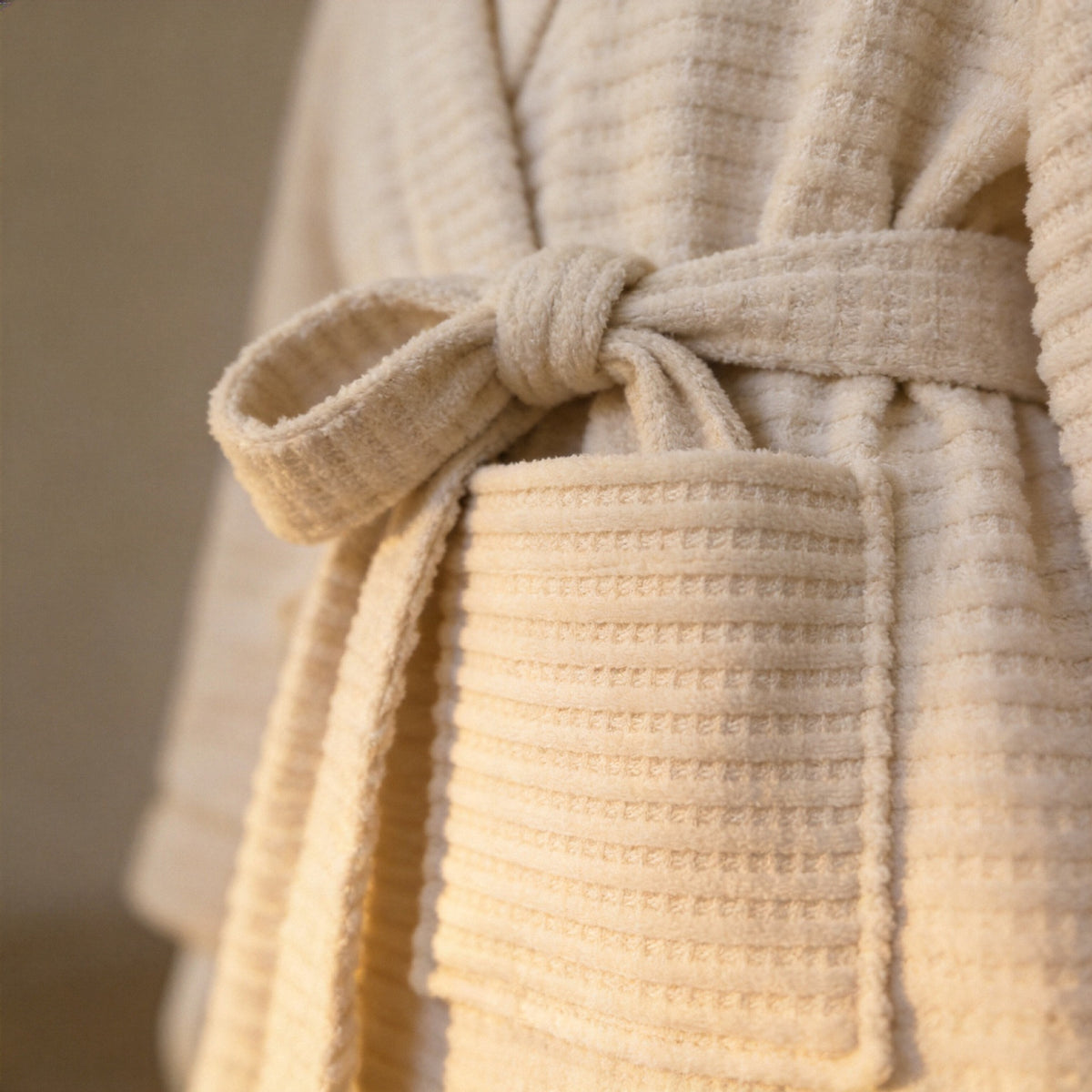 Natural cotton bathrobe belt knot and textured striped terry weave close-up