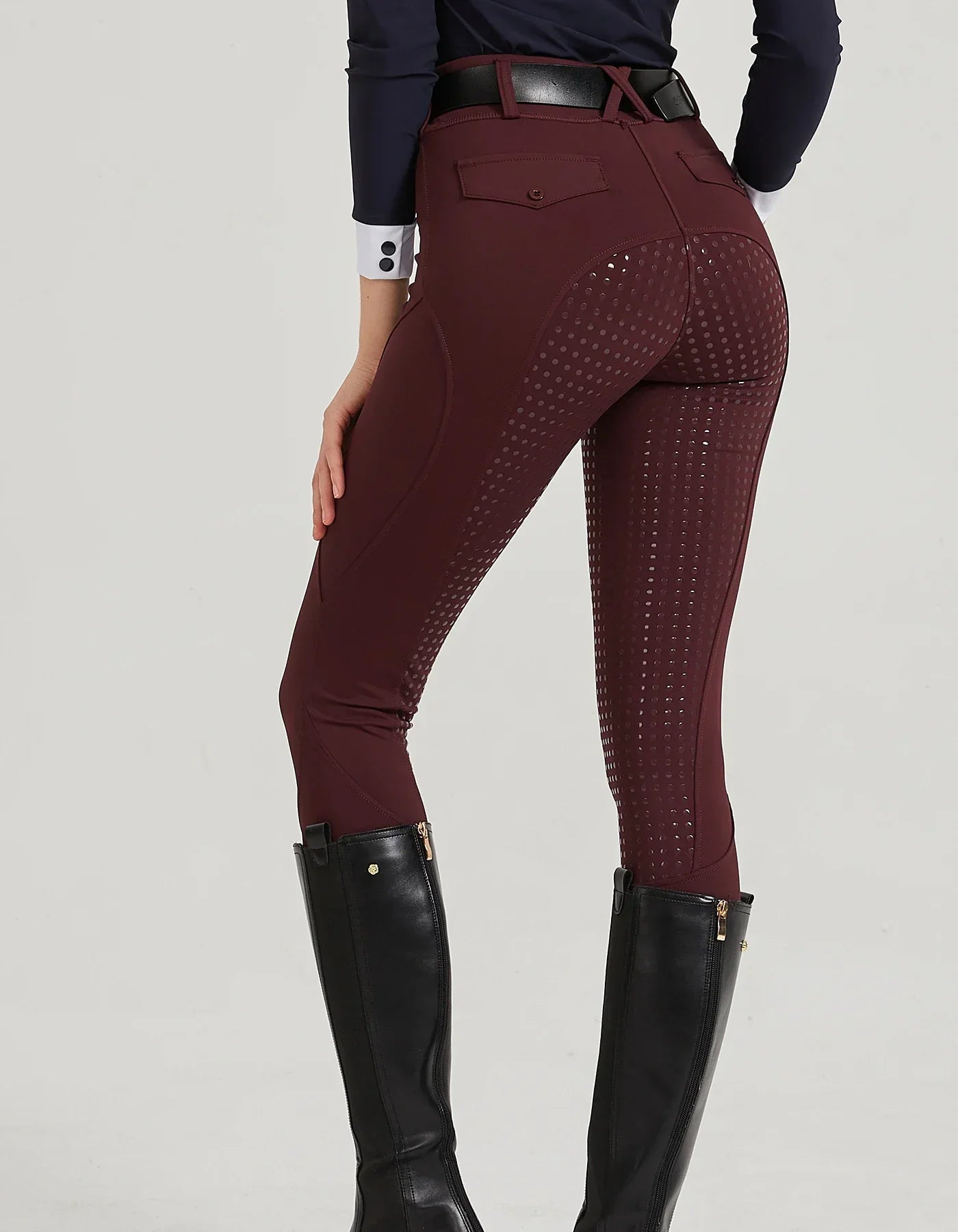 High-waist stretch riding breeches with dotted silicone grip full seat, burgundy with black panels