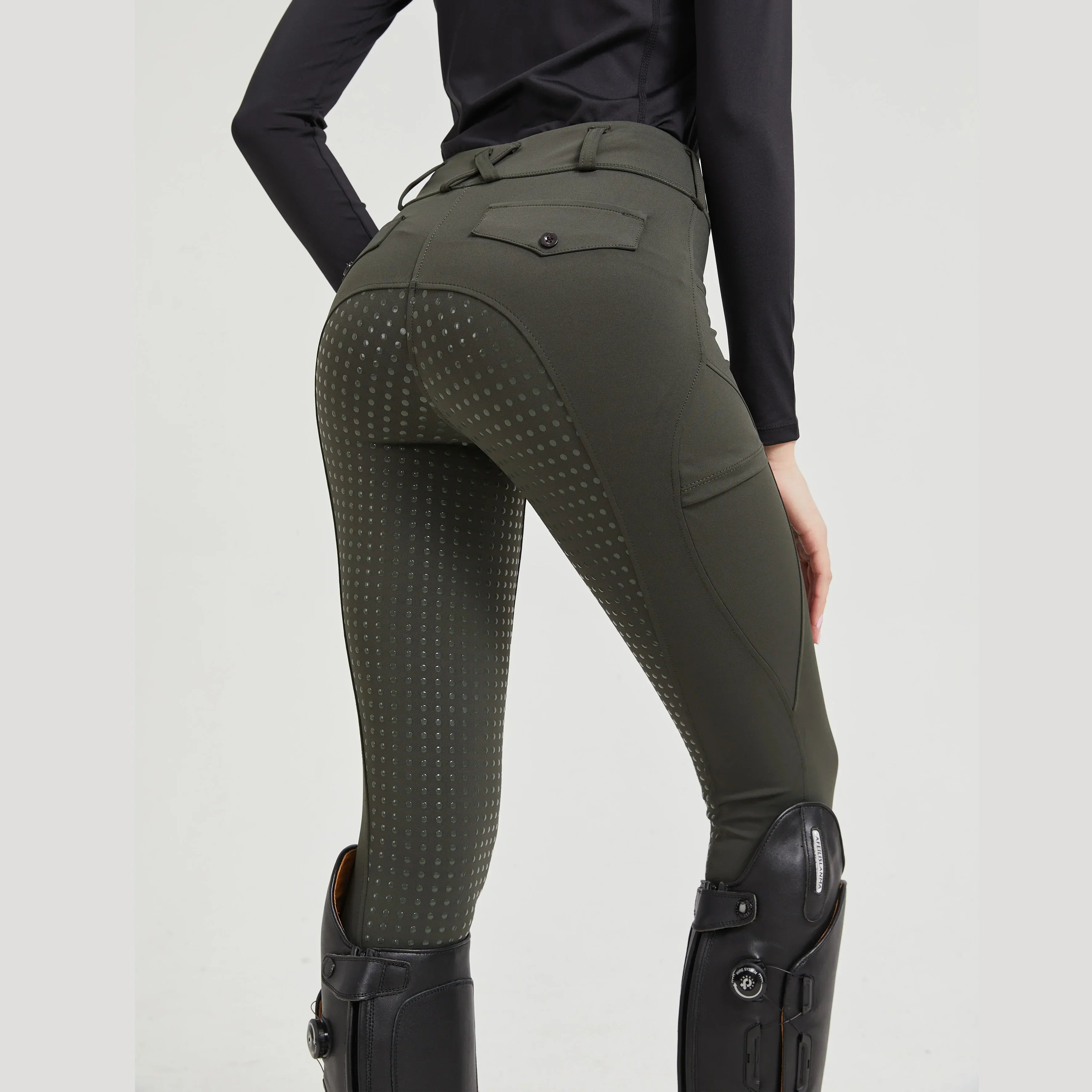 High-waist stretch riding breeches with dotted silicone grip full seat, olive green