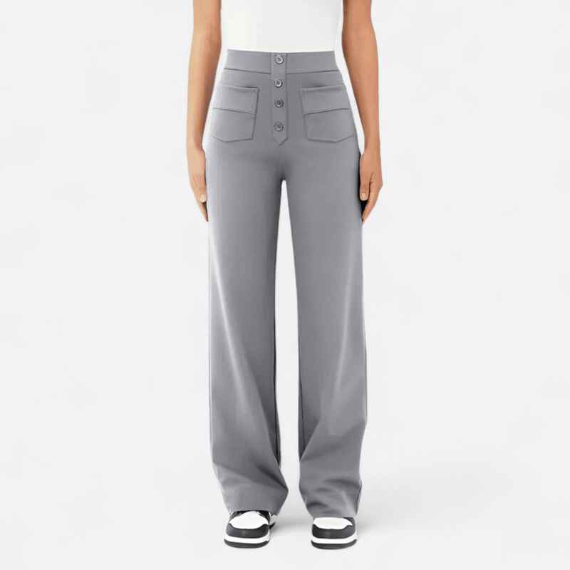 Women's light gray ponte wide-leg trousers with high waist, button front and pockets.