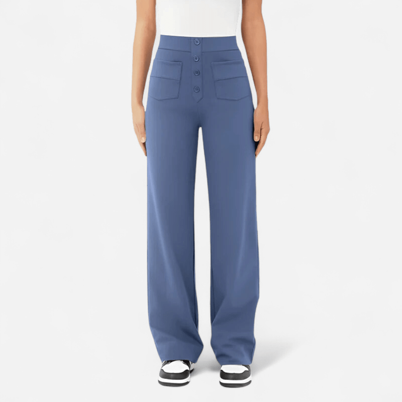 Women's blue ponte wide-leg trousers, high waist, button front and patch pockets.