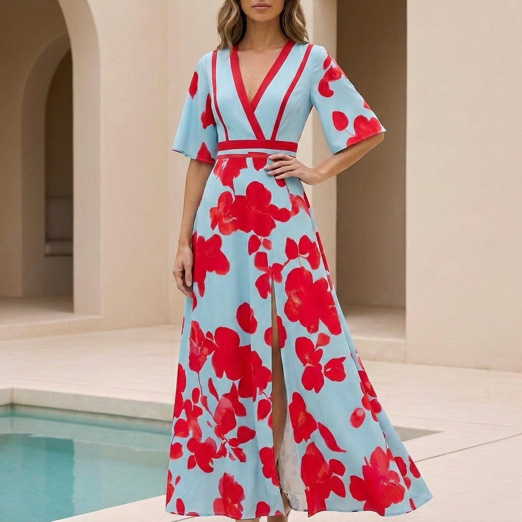 Light blue chiffon wrap maxi dress with red floral print, contrast V-neck and flutter sleeves.