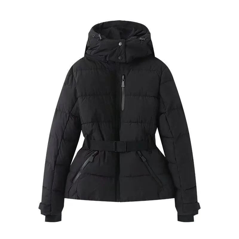 Black quilted hooded parka with belted waist and angled zip pockets