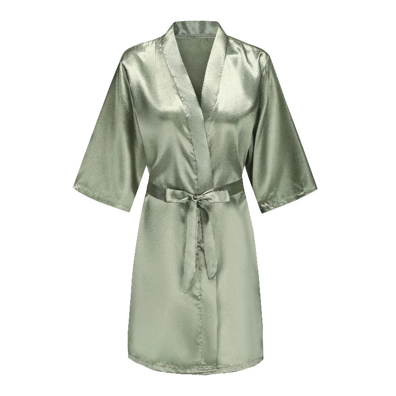 Sage green satin robe with short sleeves, wrap front, and waist tie