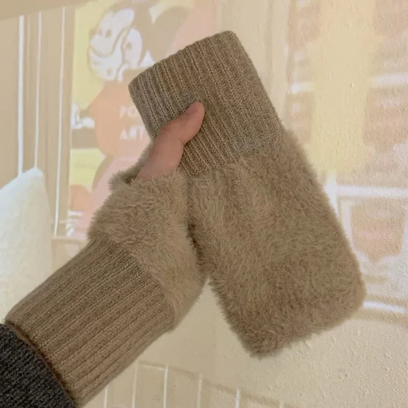 Taupe fingerless gloves with fuzzy hand panels and ribbed knit wrists