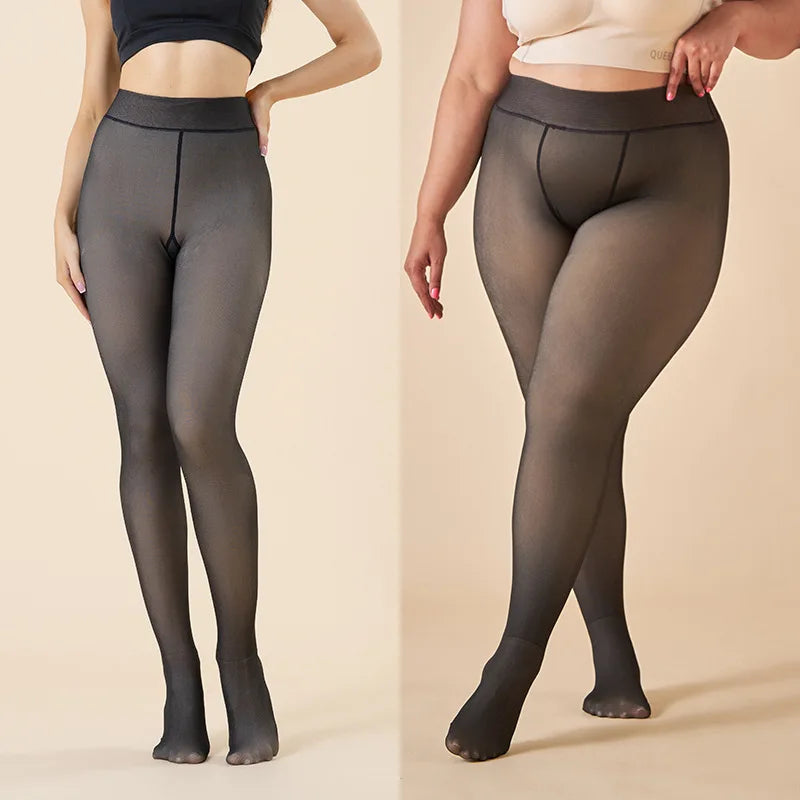 Dark gray high-waisted thermal tights shown on two models, with full foot coverage