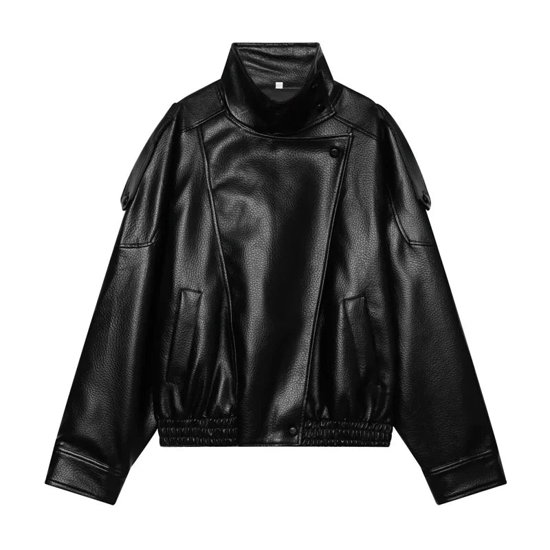 Black faux leather jacket with a high collar, snap-front closure, side pockets, and elastic hem
