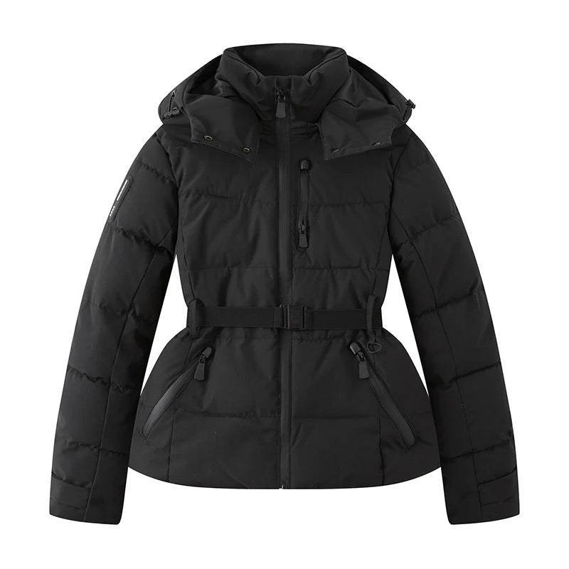Black hooded puffer parka with waist belt, front zipper, and zip pockets