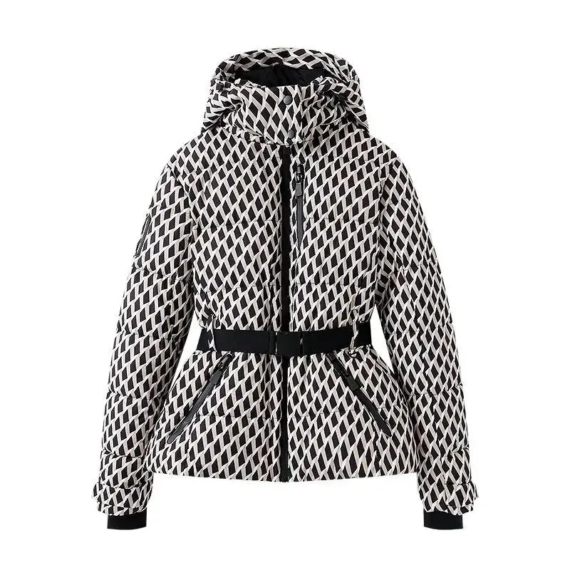 Front view of geometric-print hooded parka with black belt and zipper