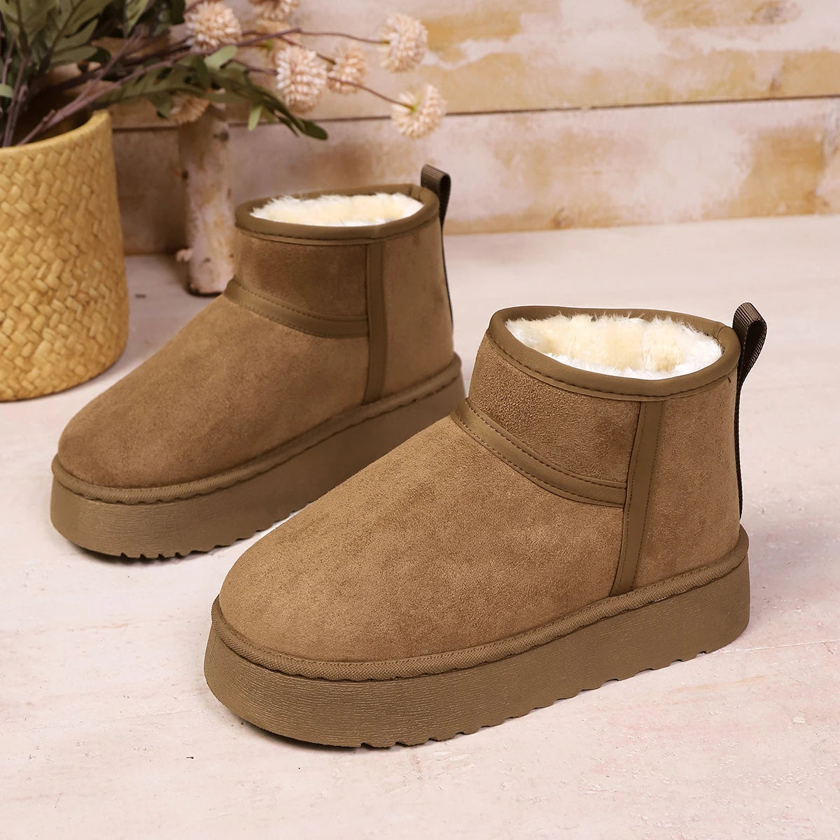 Pair of khaki suede ankle boots with cream fleece lining and thick soles