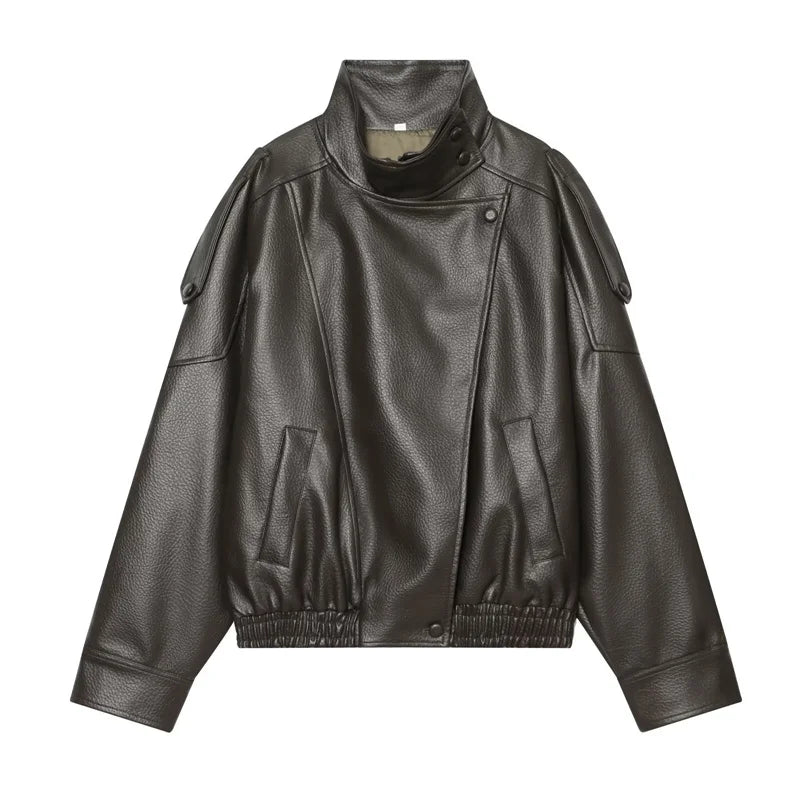 Dark gray faux leather jacket with a high collar, snap-front closure, side pockets, and elastic hem